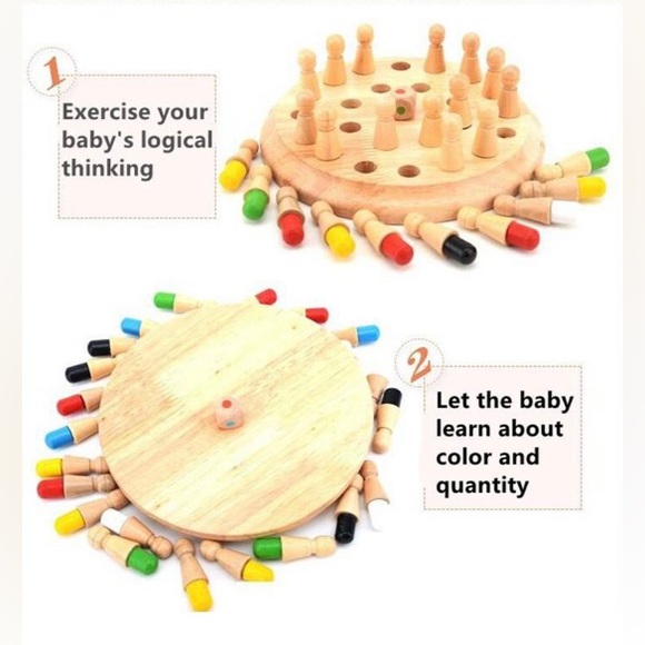WOODEN COLOR MEMORY Chess MATCH PUZZLE BOARD TOY - Picture 2 of 16